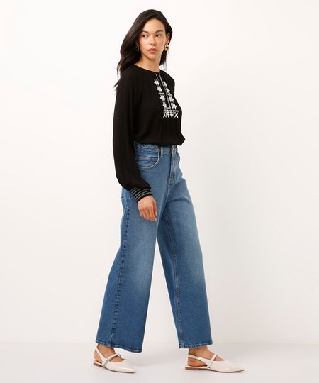 calça jeans wide leg cropped cintura super alta azul 34 calça jeans wide leg cropped cintura super alta azul 34