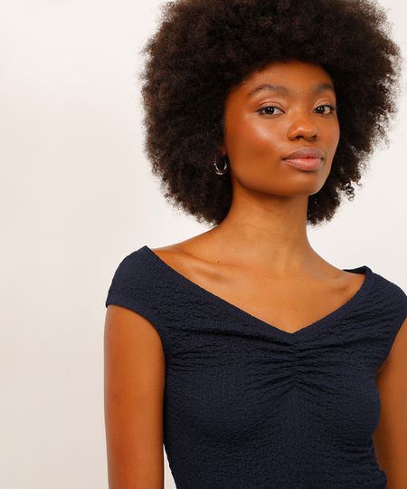 regata texturizada decote princesa azul marinho GG regata texturizada decote princesa azul marinho GG