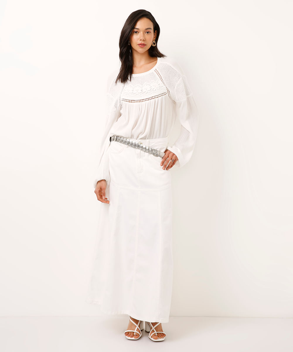 saia midi de sarja cintura alta com recortes off white
