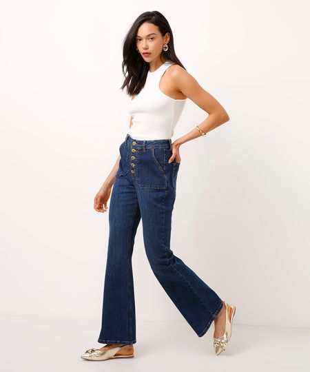 calça boot cut jeans cintura super alta com botões azul 36