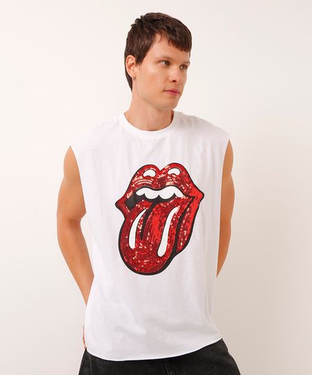 regata machão the rolling stones com paête off white P regata machão the rolling stones com paête off white P