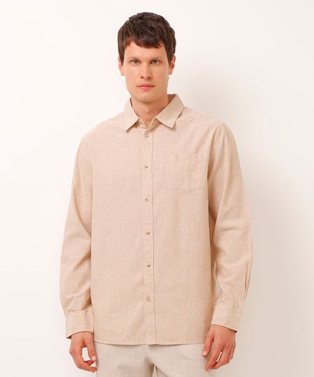 camisa comfort com linho manga longa bege P