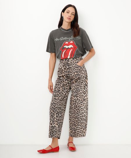 calça de sarja baggy animal print onça cintura alta colorido 34