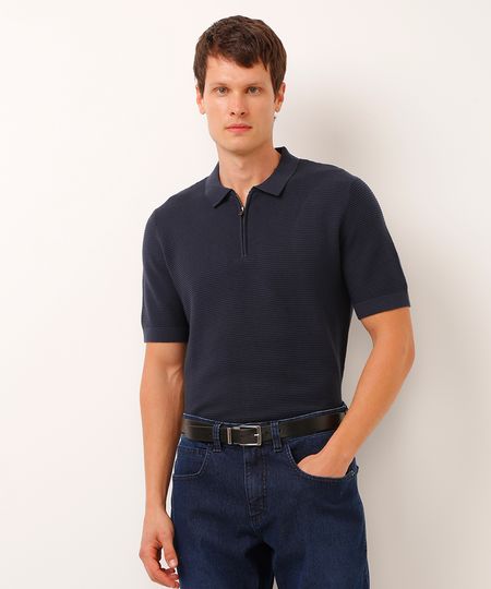 polo texturizada com zíper manga curta azul M