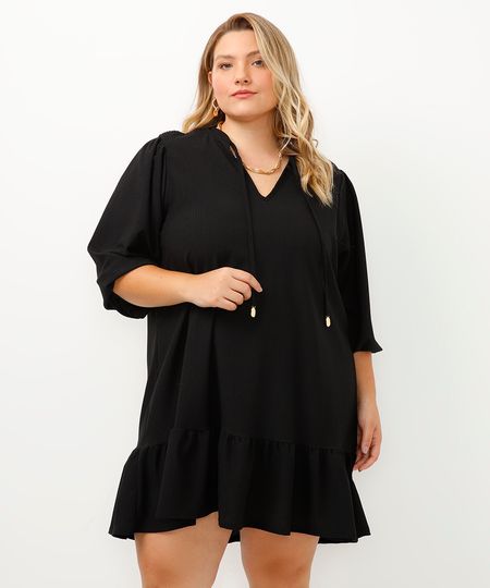 vestido texturizado mangas bufantes plus size preto GG2