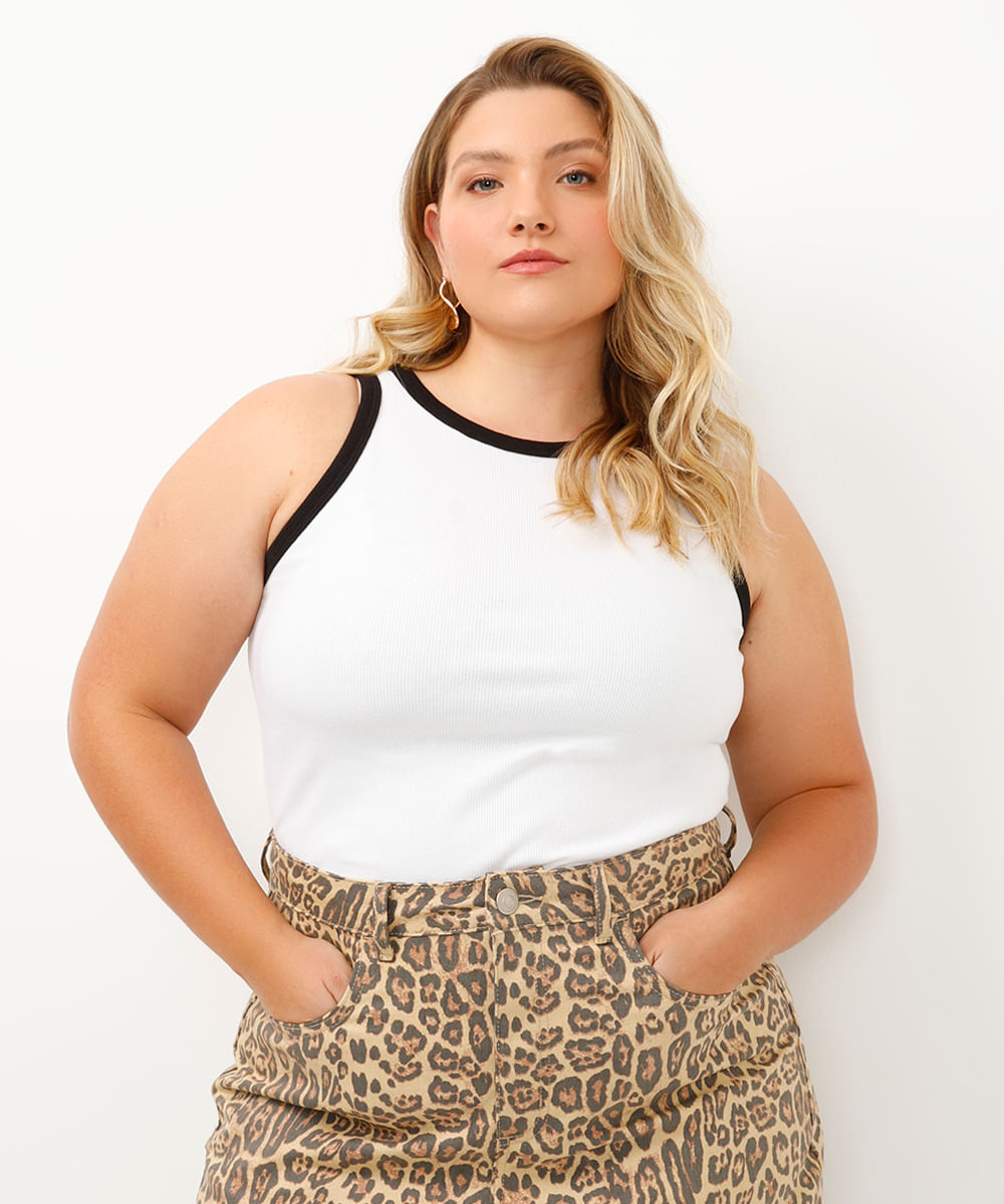 regata plus size de algodão canelada - off white