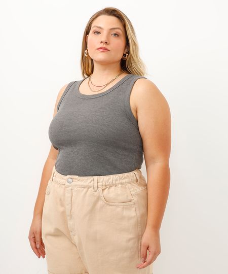 regata canela plus size decote redondo cinza GG1