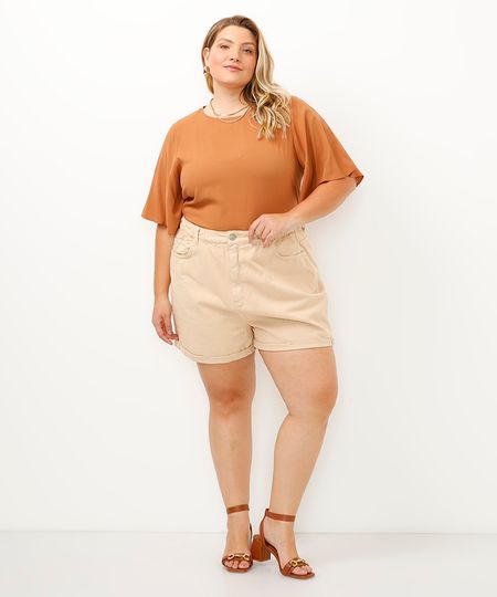 short mom de sarja cós com elástico plus size bege 46