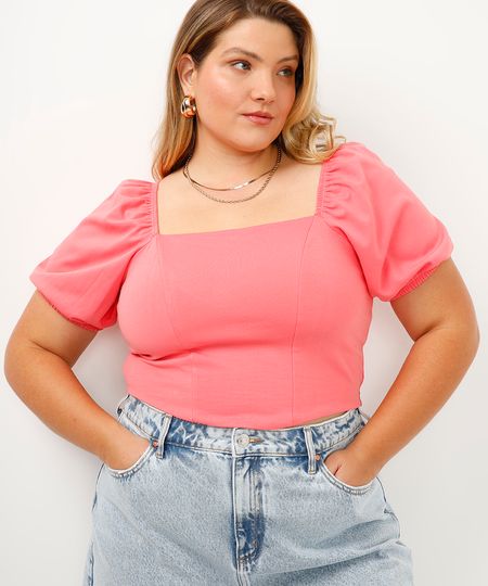 blusa corset plus size manga bufante rosa GG1