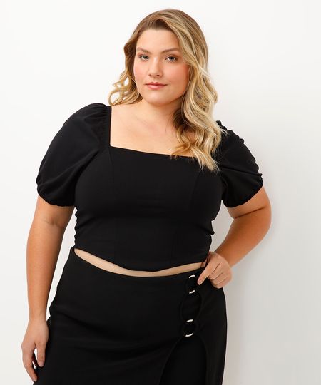 blusa corset plus size manga bufante preto GG1