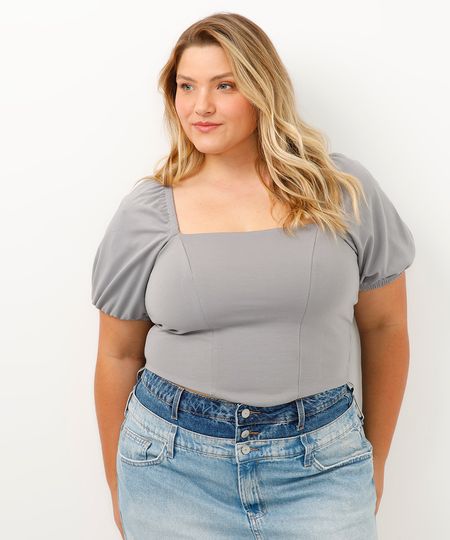 blusa corset plus size manga bufante cinza GG1 blusa corset plus size manga bufante cinza GG1