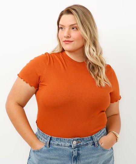 blusa plus size canelada gola alta fru fru marrom GG