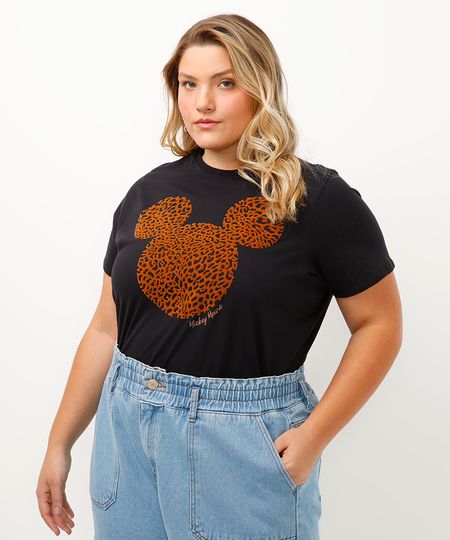 camiseta de algodão mickey animal print plus size preta GG3