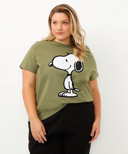 camiseta snoopy de algodão plus size verde militar GG1