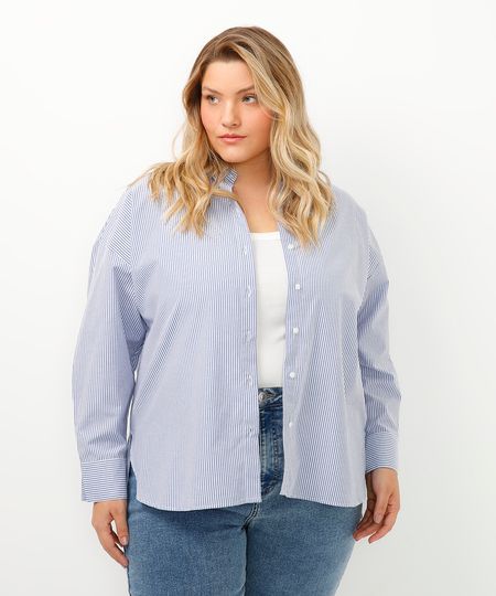 camisa de algodão oversized plus size listrada azul marinho GG1 camisa de algodão oversized plus size listrada azul marinho GG1