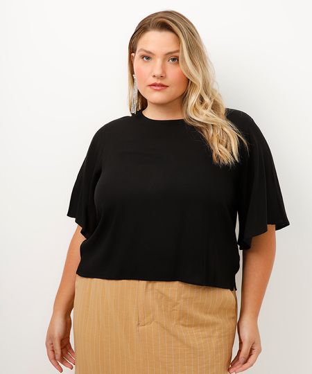 blusa de viscose plus size manga sino preta GG1