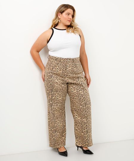 calça wide leg de sarja animal print plus size colorida 52