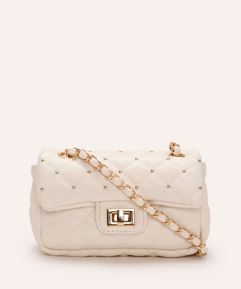 bolsa crossbody matelassê com tachas preto off white