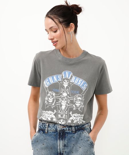 camiseta de algodão guns n roses com brilho preto GG