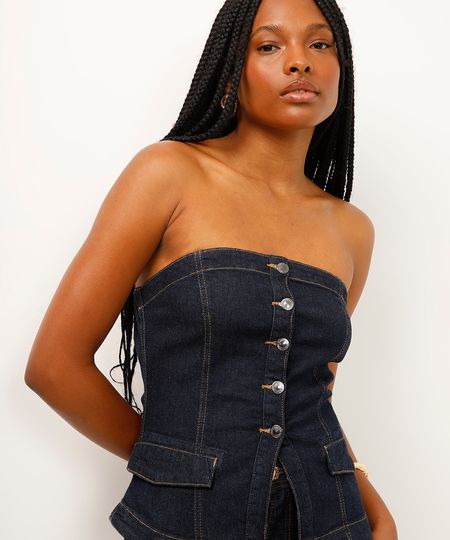 top alongado jeans sem alça com recortes azul P top alongado jeans sem alça com recortes azul P
