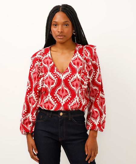 blusa bata manga bufante com babados arabesco vermelha P blusa bata manga bufante com babados arabesco vermelha P