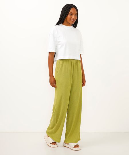calça wide leg com bolsos texturizada verde M