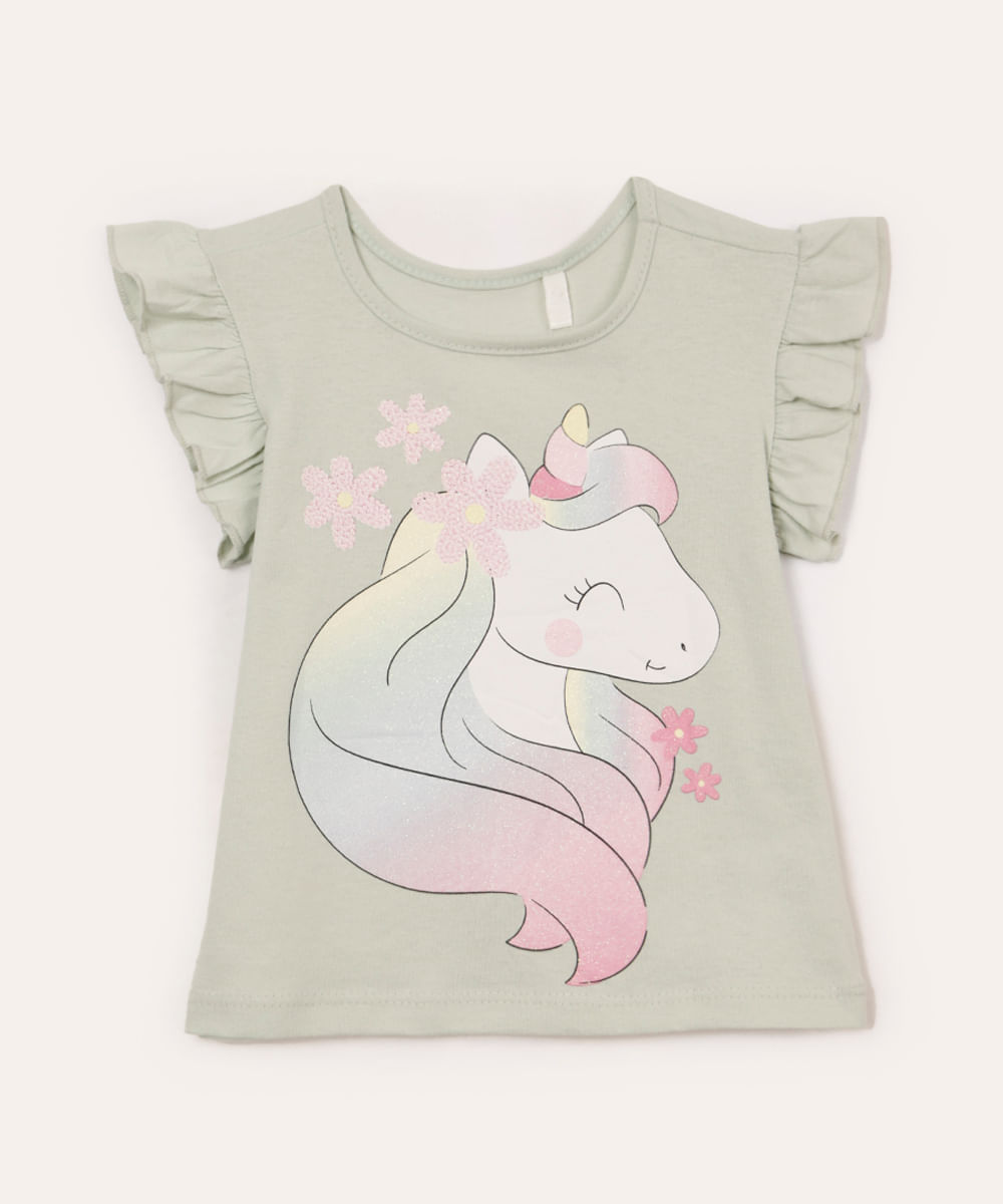 blusa de algodão infantil unicórnio com babado verde