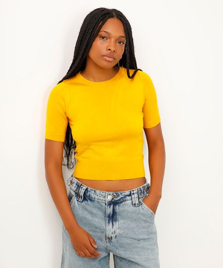 cropped de tricot manga curta amarelo PP