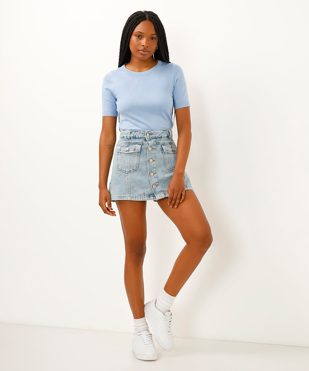 short saia curto jeans cintura super alta com botões azul