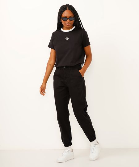 calça jogger de sarja cintura alta preta 38
