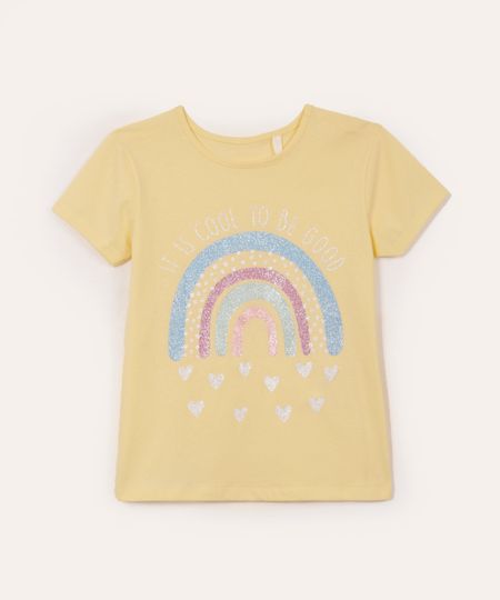 blusa de algodão infantil arco íris com glitter amarela 10 blusa de algodão infantil arco íris com glitter amarela 10