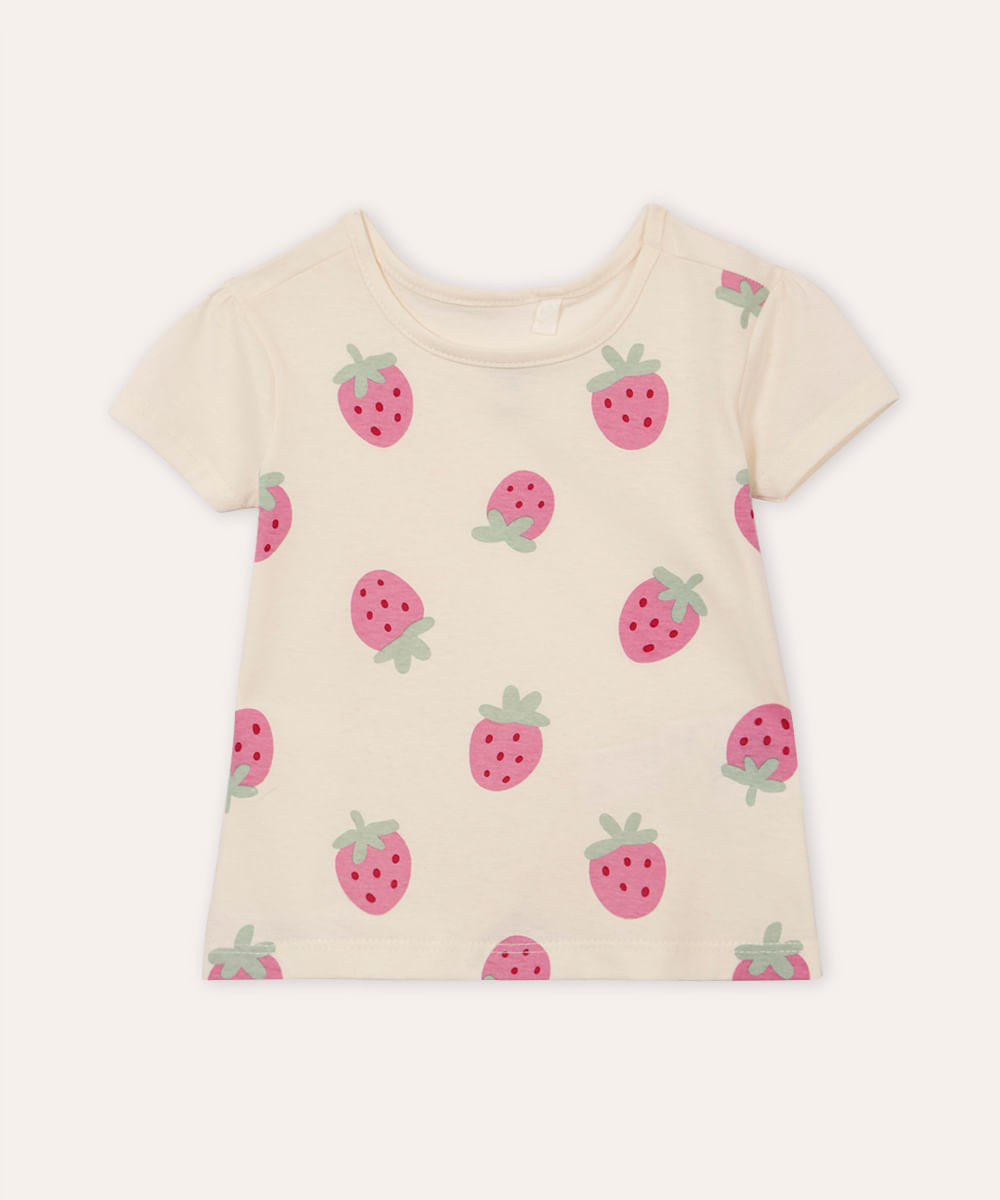 blusa de algodão infantil morangos off white