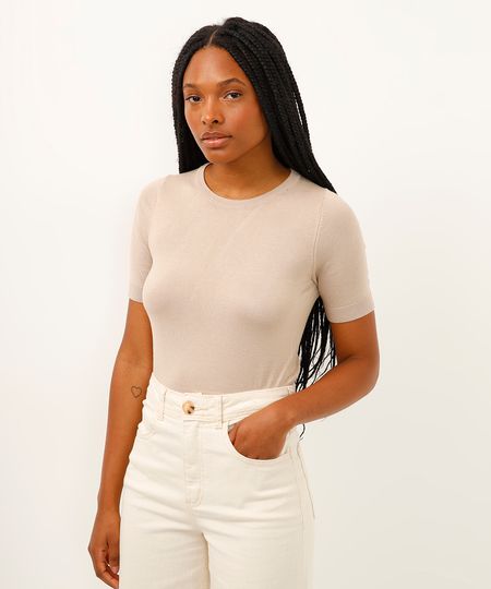 cropped de tricot manga curta bege P
