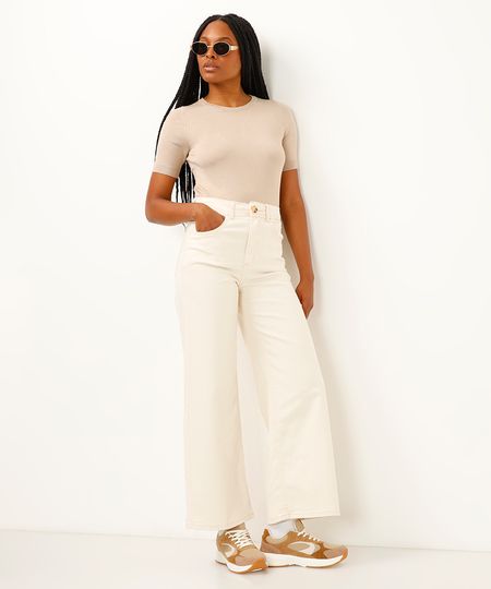 calça de sarja wide leg cropped cintura super alta bege 38