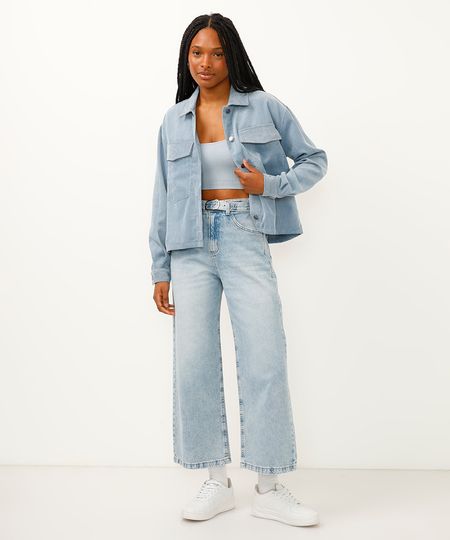calça jeans wide leg cintura super alta com cinto azul 34