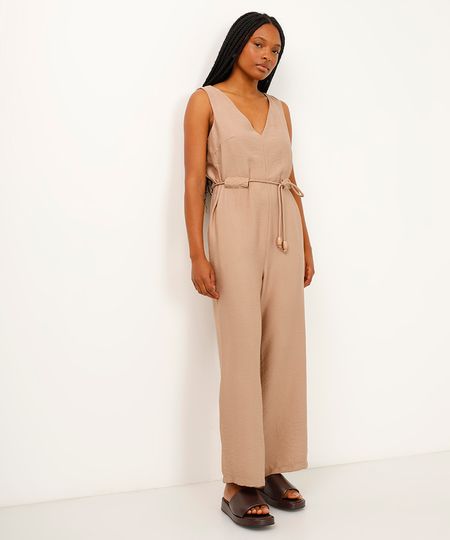 macacão de viscose com cinto bege M macacão de viscose com cinto bege M