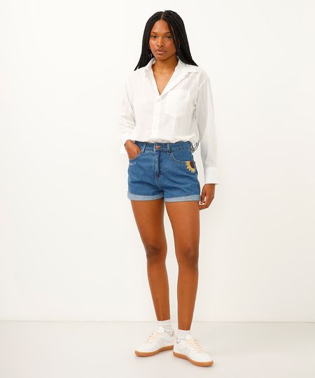 short mom jeans cintura super alta girassol azul 34