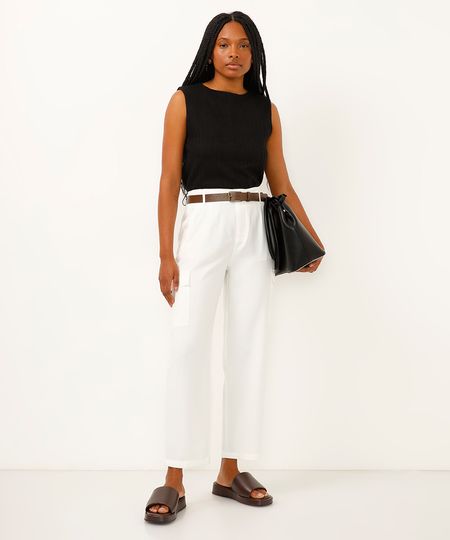 calça de viscose cargo cintura alta com cinto off white 38 calça de viscose cargo cintura alta com cinto off white 38
