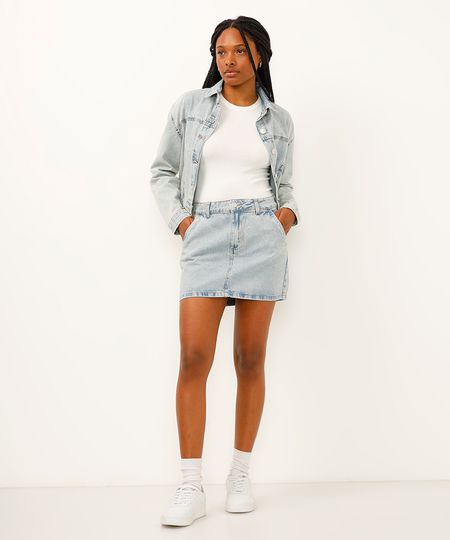 minissaia jeans cintura alta com bolsos azul 36