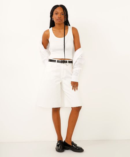 bermuda jeans de sarja relaxed cintura alta off white 46
