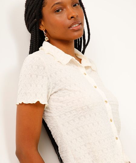 blusa texturizada gola polo com botões bege G blusa texturizada gola polo com botões bege G