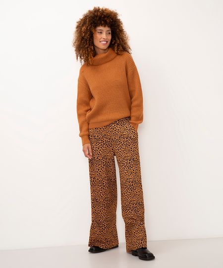 calça wide leg cintura alta animal print bege P