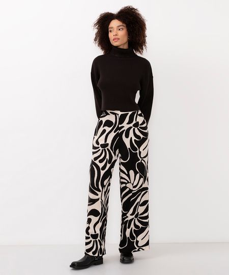 calça wide leg cintura alta folhagem preta M