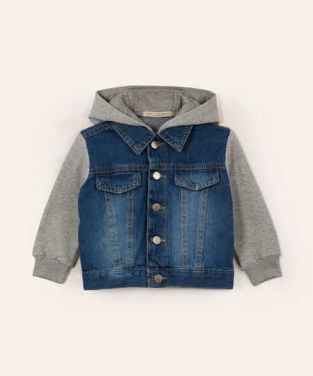 jaqueta jeans infantil com capuz e moletom cinza 3