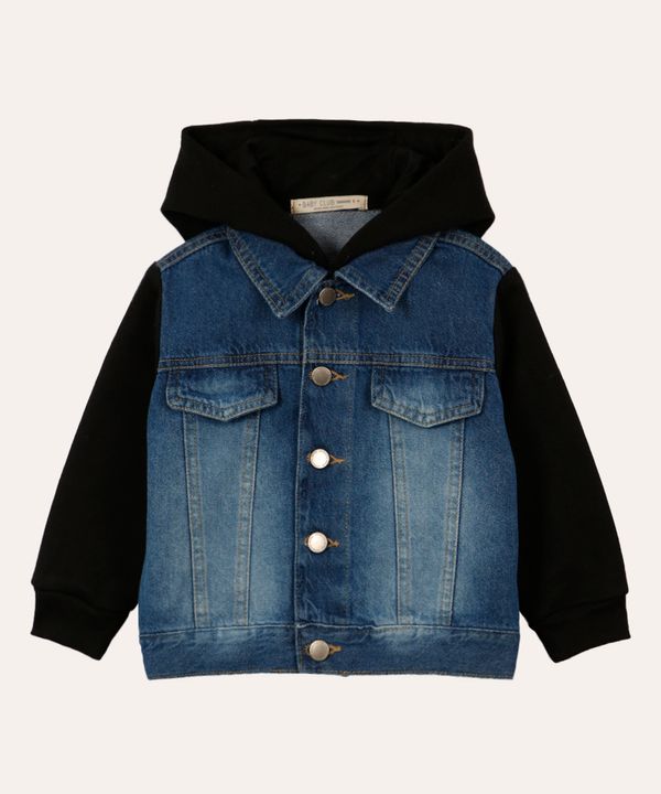 jaqueta jeans infantil com manga e capuz de moletom preto 4