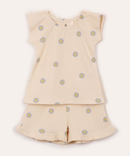 conjunto infantil texturizado margaridas bege 0-3