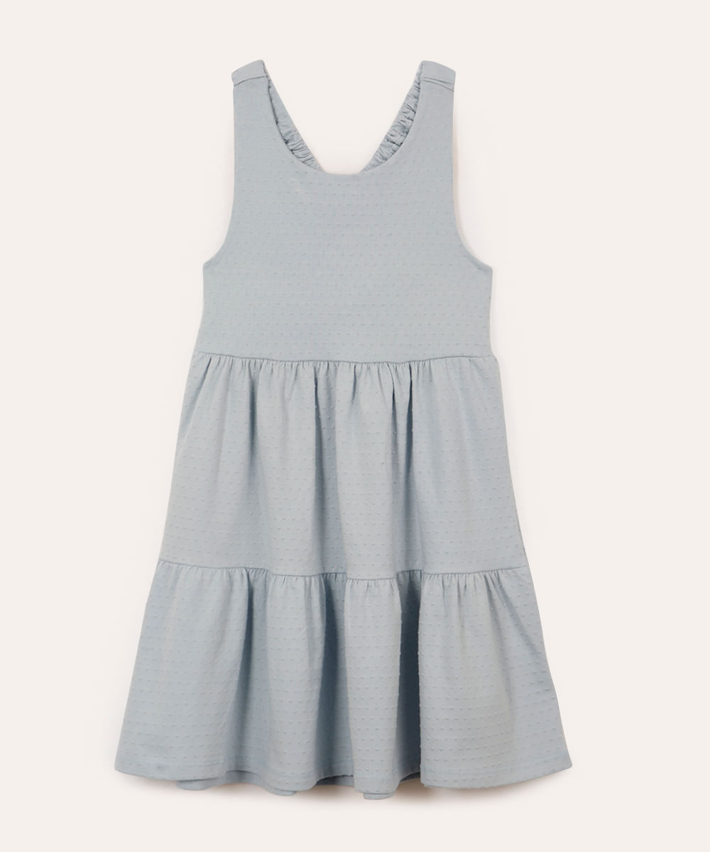 vestido midi infantil alça franzida e texturizado - azul claro