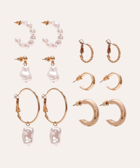 kit de 6 pares de brincos mini argola e pérolas dourado UNICO kit de 6 pares de brincos mini argola e pérolas dourado UNICO