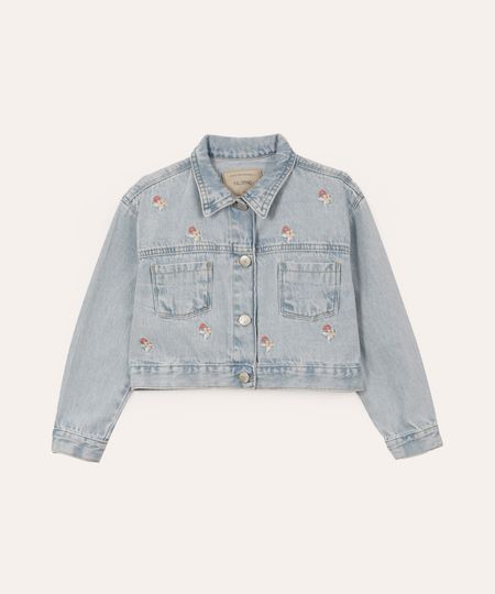 jaqueta jeans cropped infantil floral azul 4