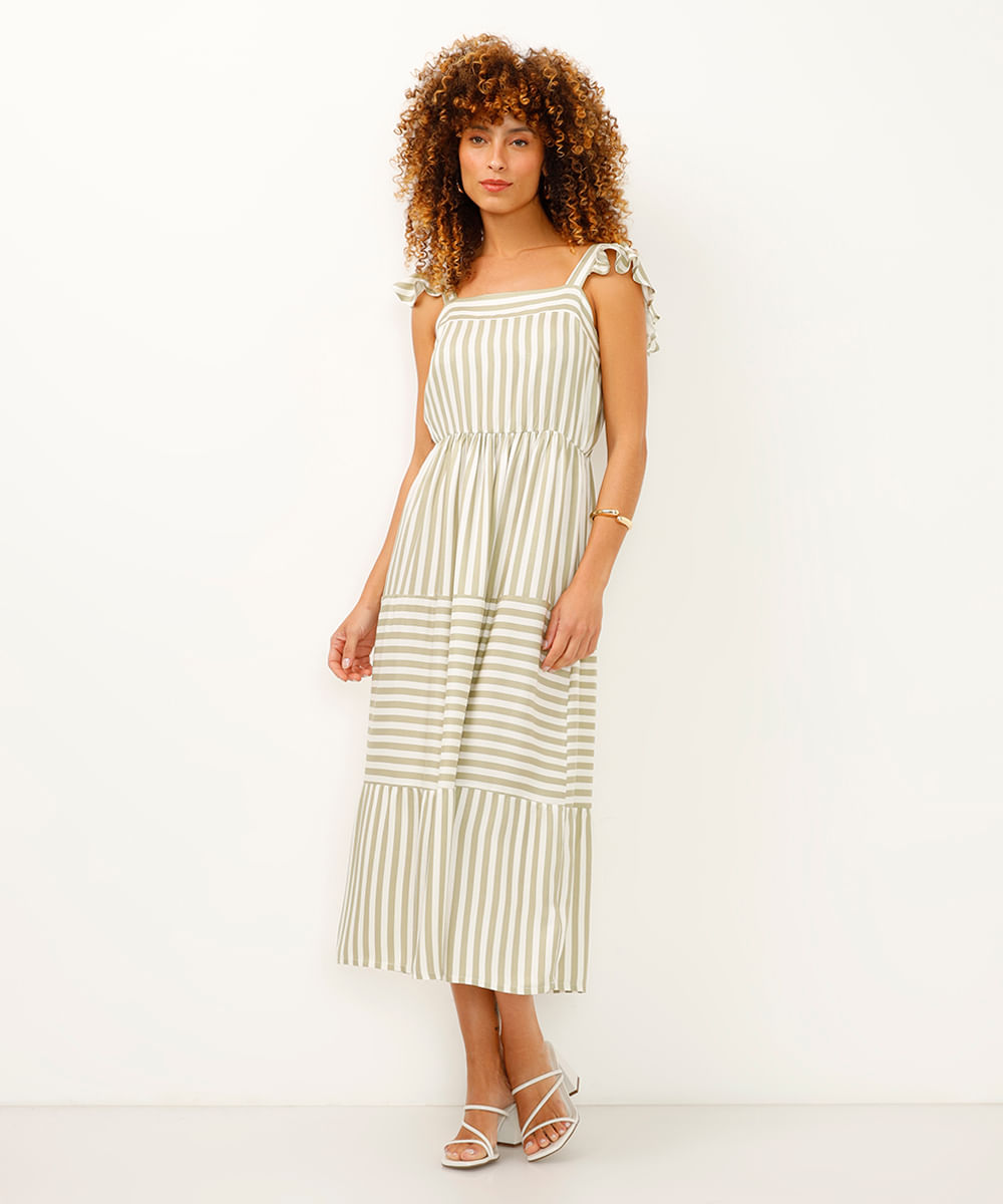 vestido midi de viscose marias listrado off white